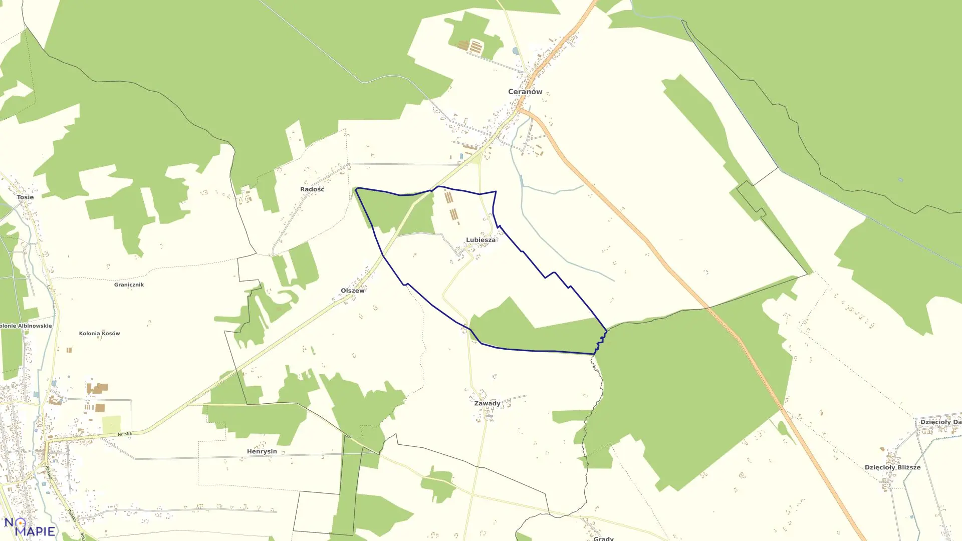 Mapa obrębu LUBIESZA w gminie Ceranów