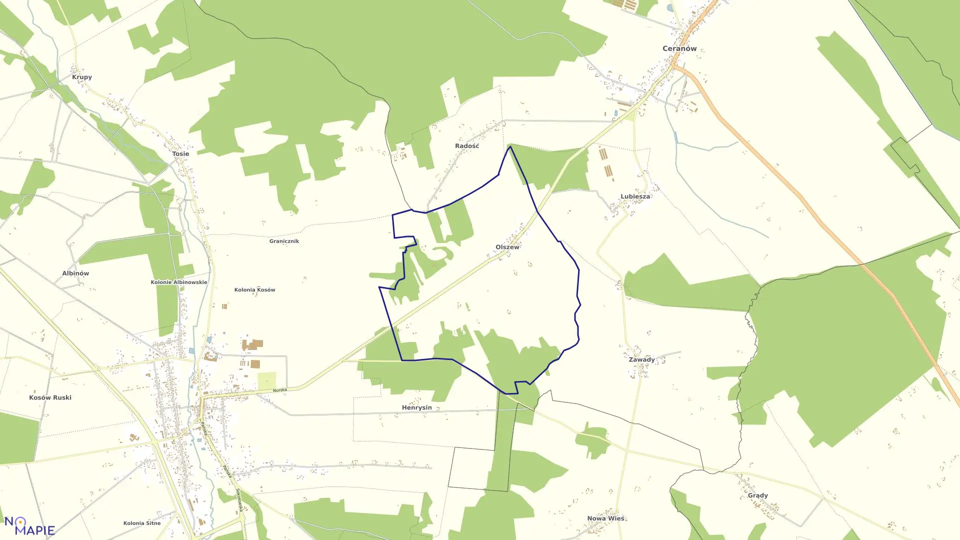 Mapa obrębu OLSZEW w gminie Ceranów